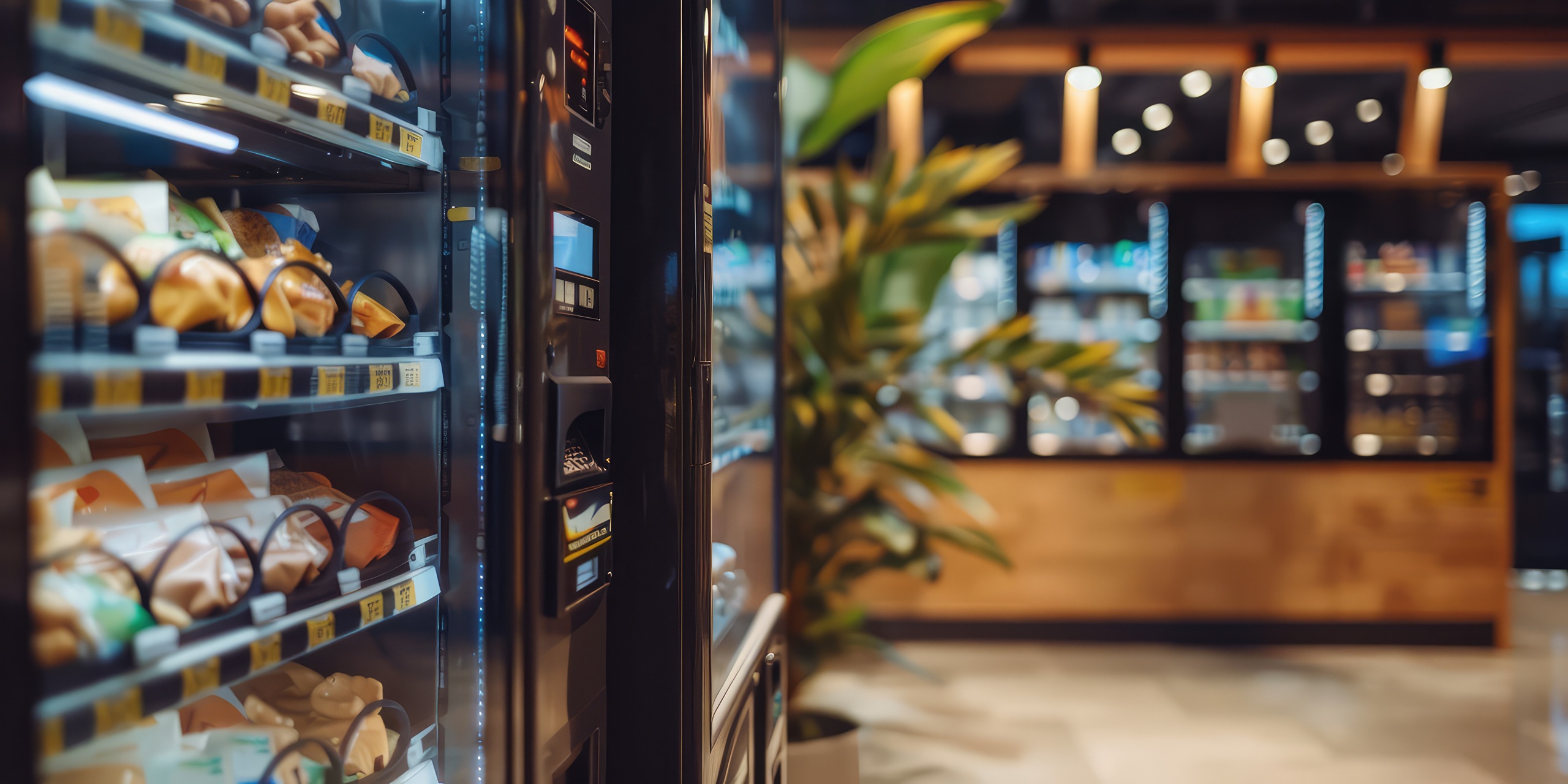 Modern black snack machine in a minimalist shopping center interior. Small business, self-service vending machines in public places. Modern black snack machine in a minimalist shopping center interior. Small business, self-service vending machines in public places.